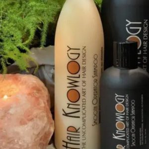 display of Hair Knowlogy products with salt rock